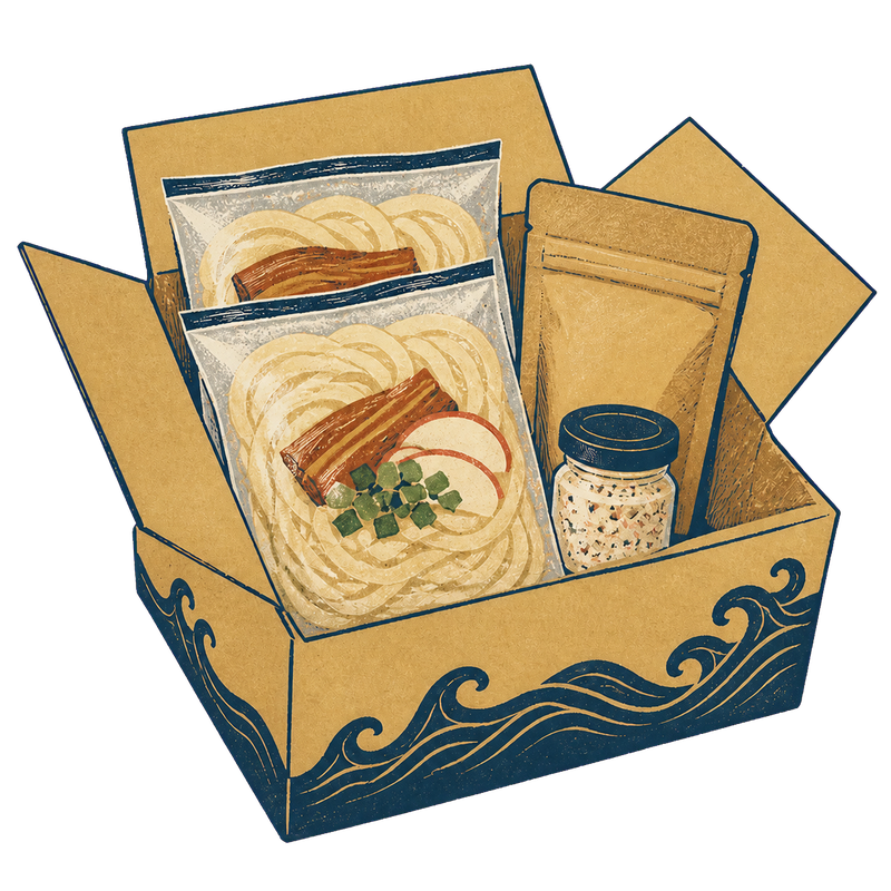 冷凍そばと対象常温商品を一緒に梱包するイラスト