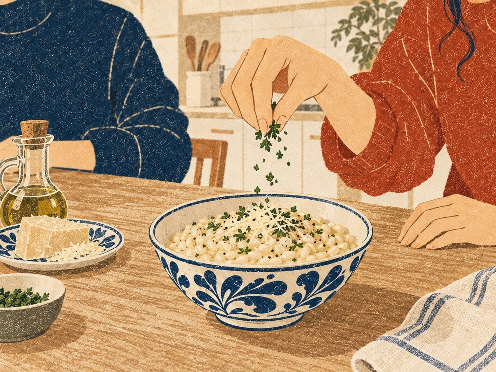 女性がチーズリゾットにパセリを振って仕上げる