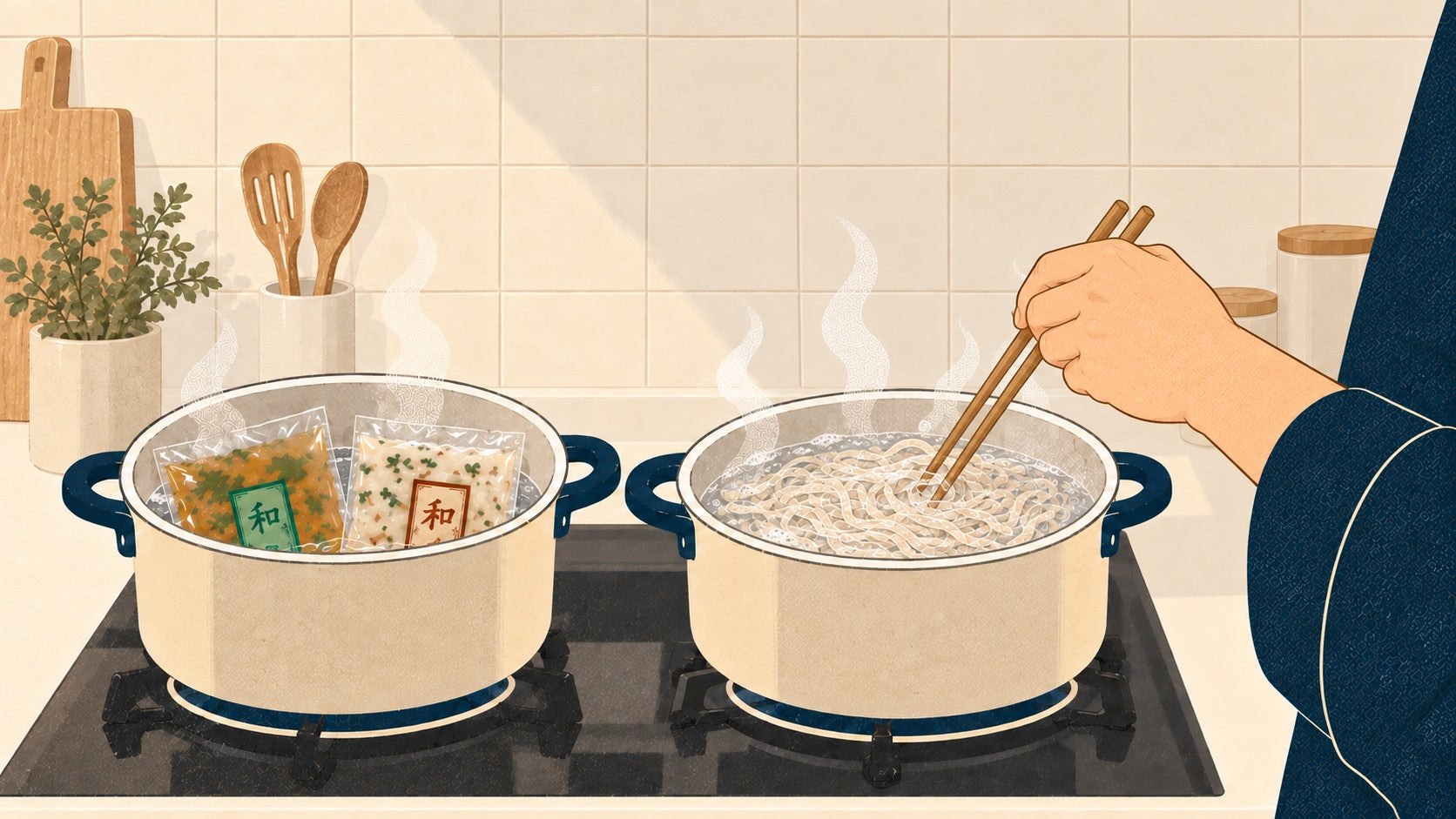 沸騰した湯の中で、箸を使って麺をやさしくほぐす