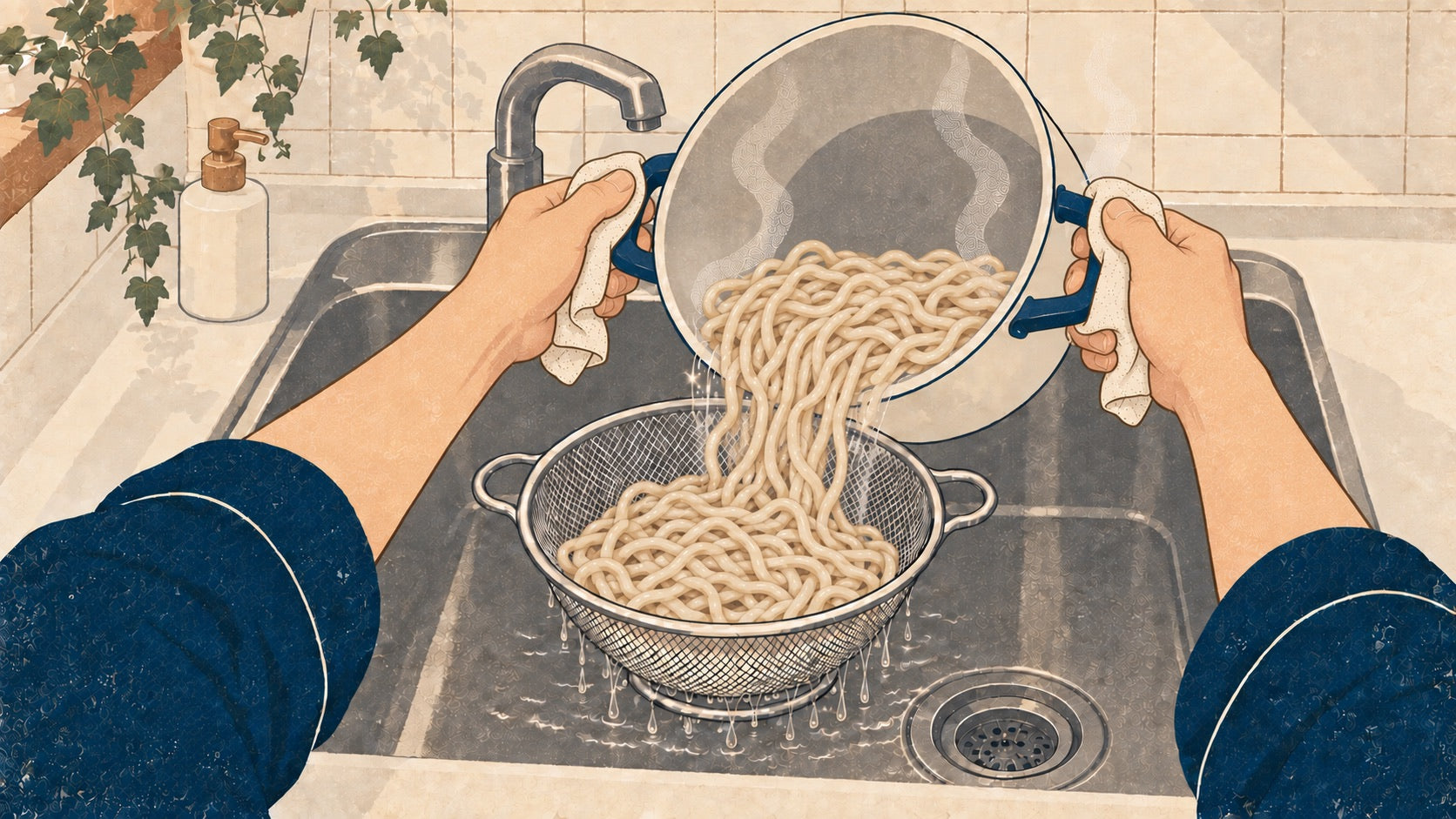 麺の湯を切る