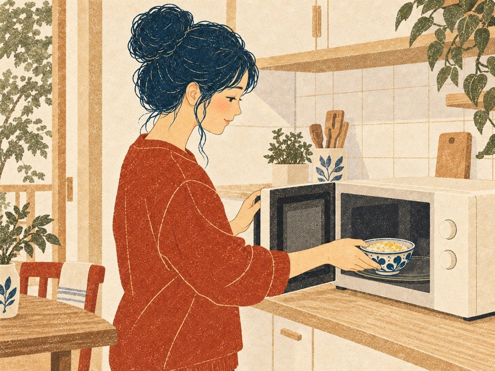 女性がご飯と卵を入れた器を電子レンジへ入れる
