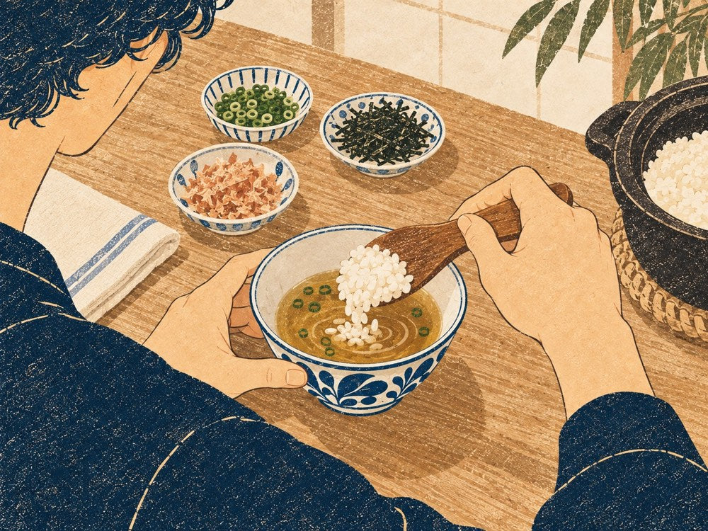 スープに男性がご飯を加える