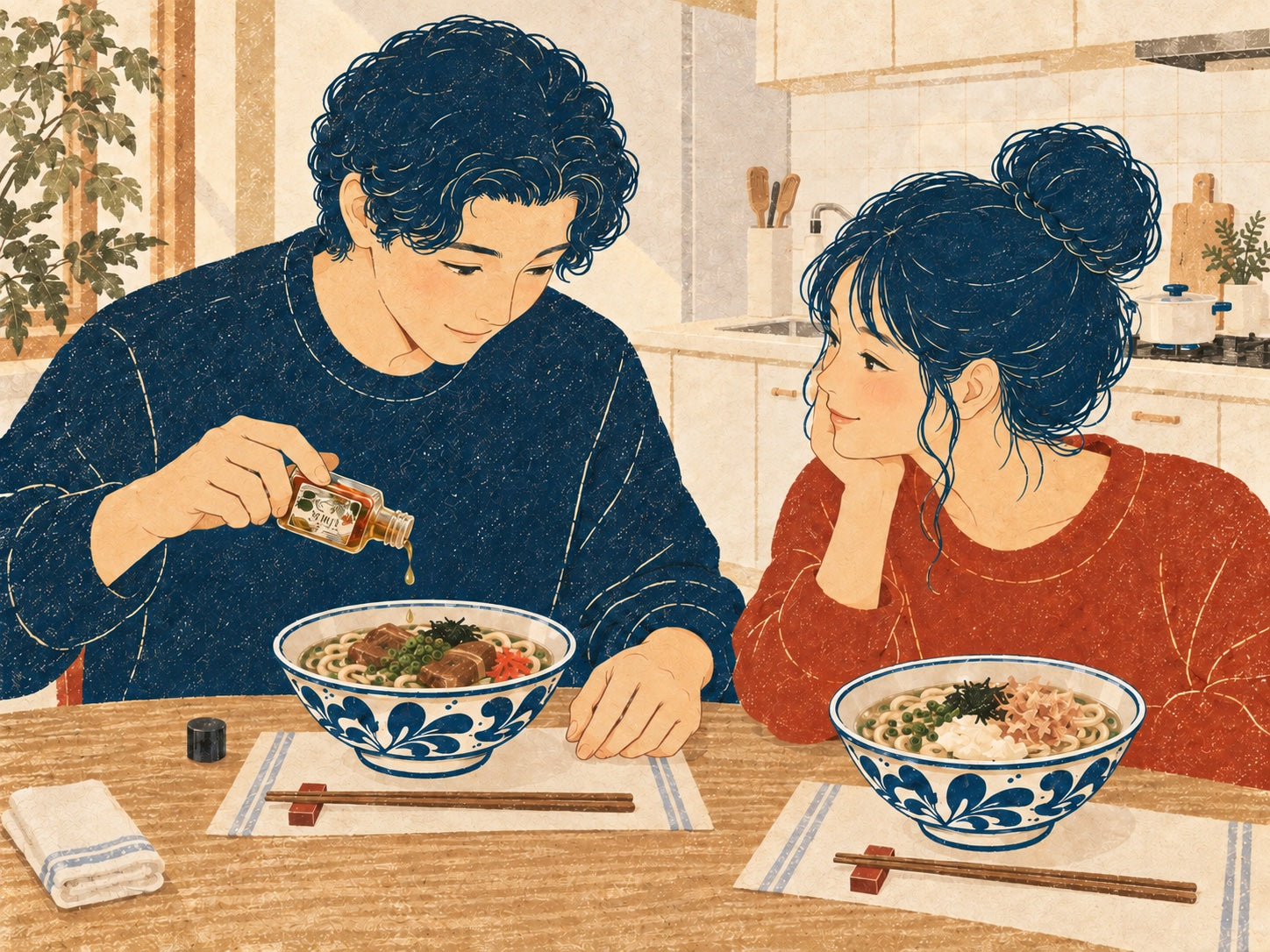 沖縄そばへ旨出汁コーレーグースを数滴加えるイラスト
