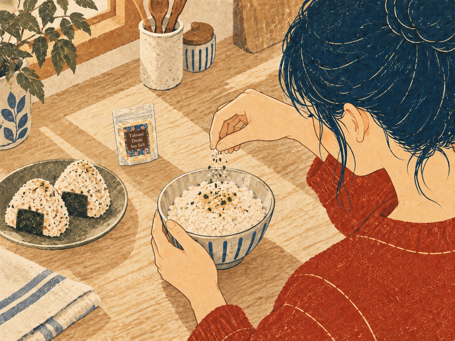 匠出汁塩をおにぎりへひとつまみ振りかけるイラスト