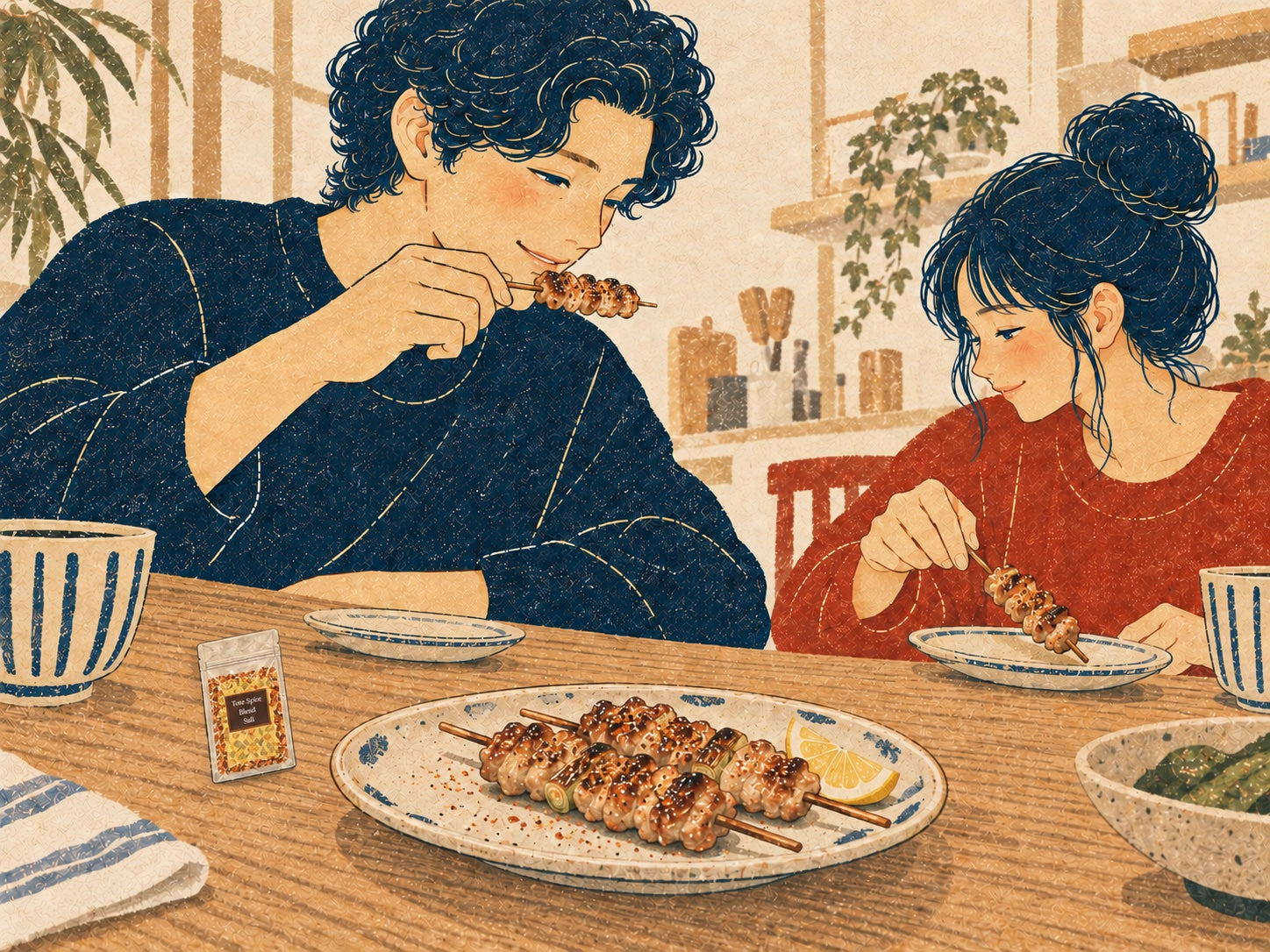 焼き鳥へ10味唐辛子塩を少量振りかけるイラスト
