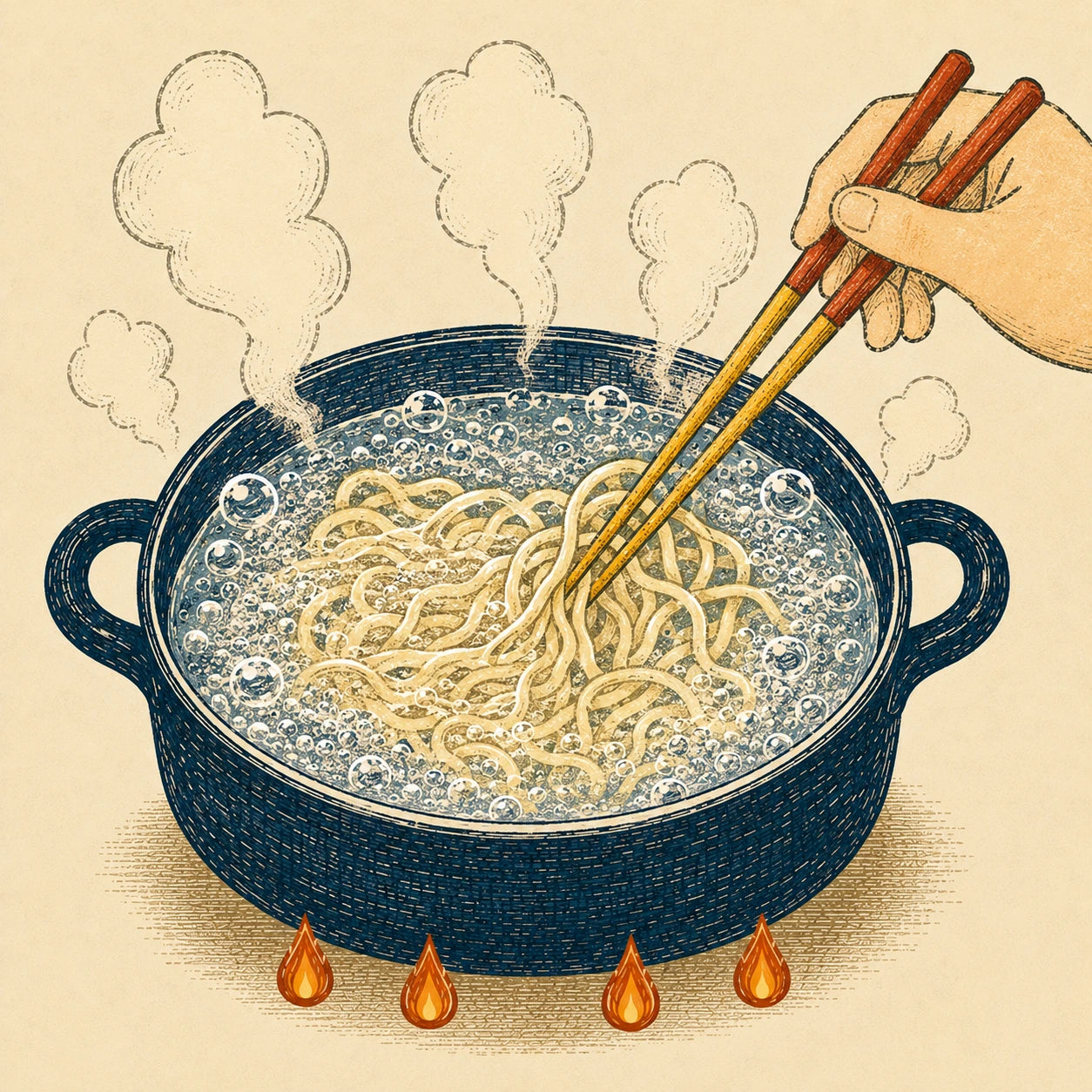 鍋のお湯で麺をゆでるイラスト