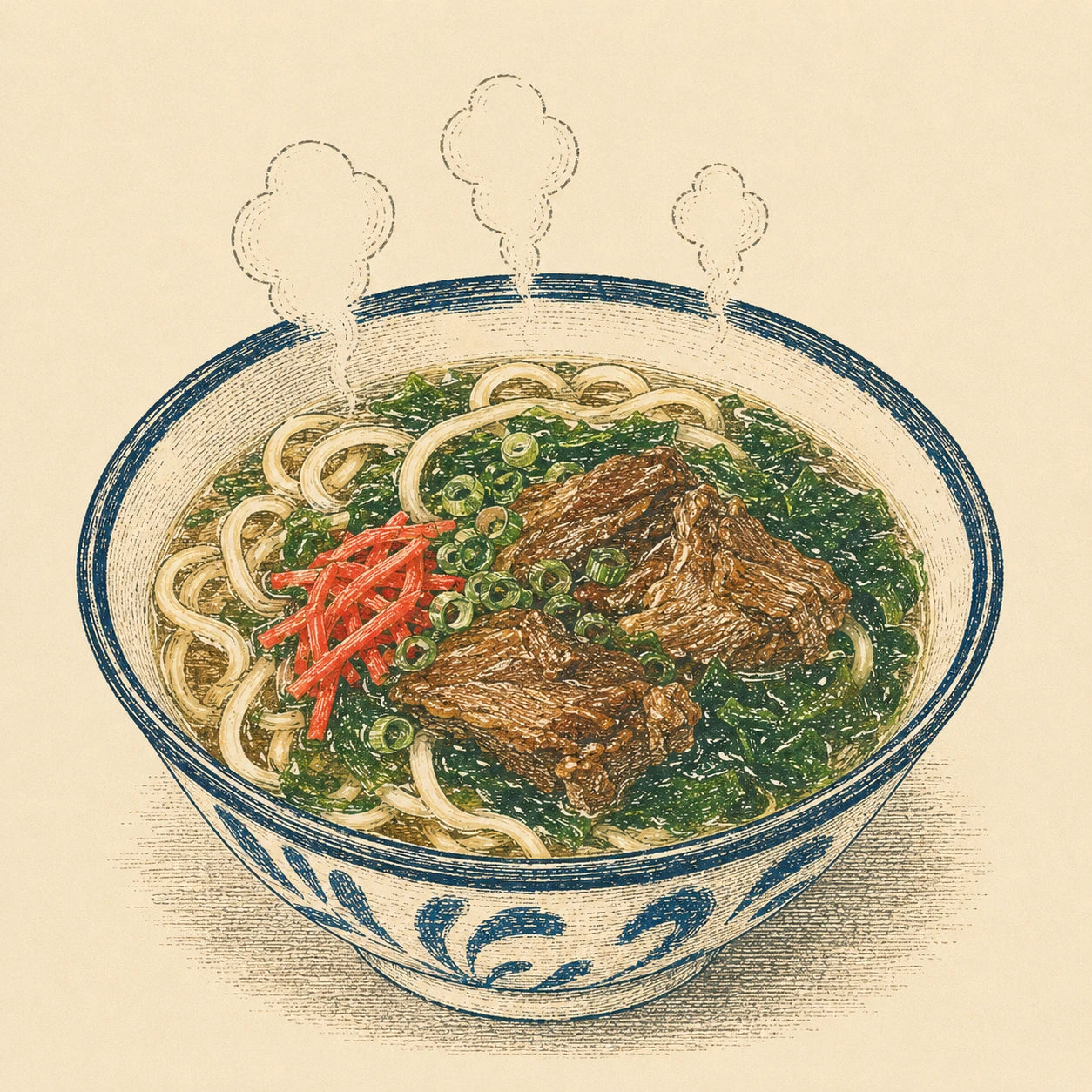 麺とスープを器に盛り付けた沖縄そばのイラスト